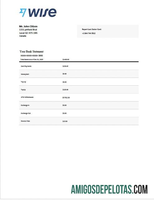 Modelo em branco do extrato bancário do Canadá Wise Word e PDF